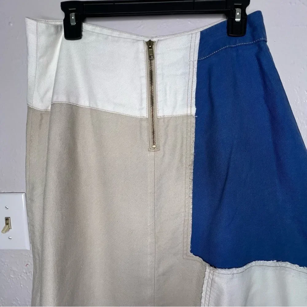 Anthropologie Holding Horses Frida Patchwork Asymmetric White, Blue Skirt Sz 8